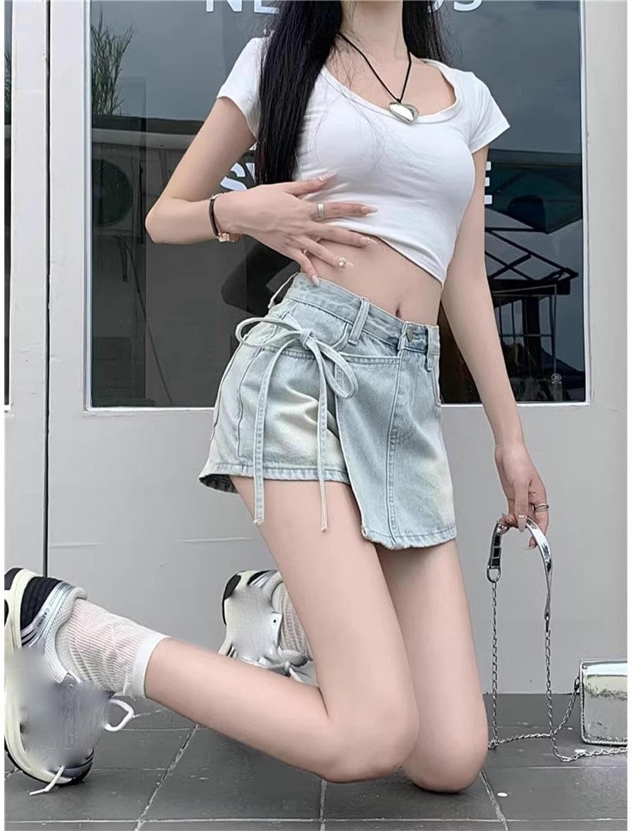 JYHBHMZG Denim Shorts Women's Summer A-Line High-Waist Irregular Tie-Up Skirt Pants