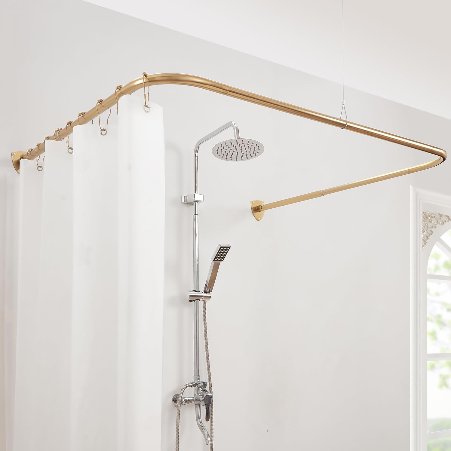 Shower Curtain Pole, U Shaped Shower Curtain Rail for Bathroom, Clothing Store, 304 Stainless with 12 Ring Hooks & Ceiling Support [ Both Sides: 60cm - 132cm, Middle: 78cm - 118cm ] (Gold)