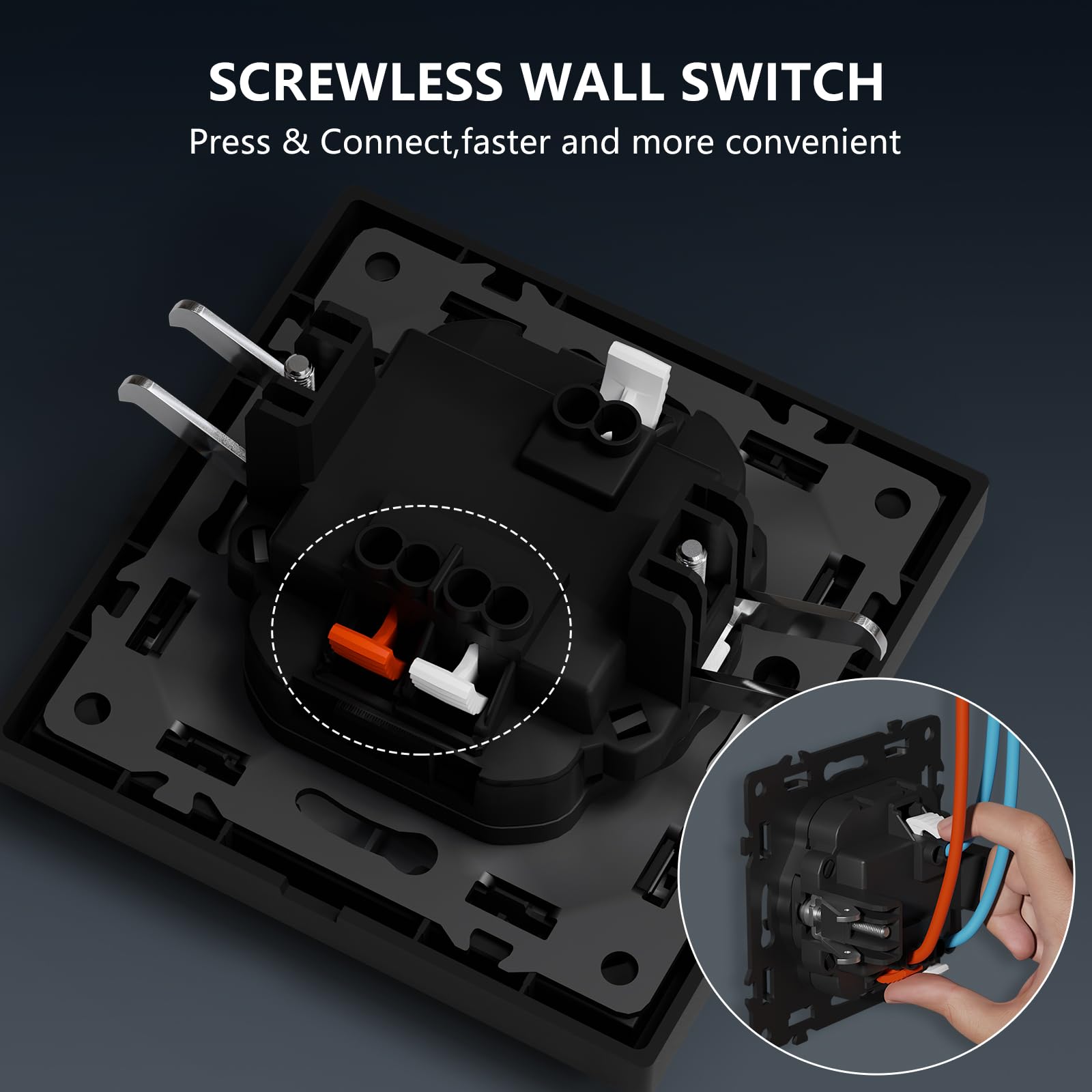 BSEED Interruptor Empotrado, Interruptor Pulsador con Terminal Enchufable, 1 Gang 1 Vía Light Switch con Indicador Luminoso LED y Marco de PC, Negro, 80X80mm