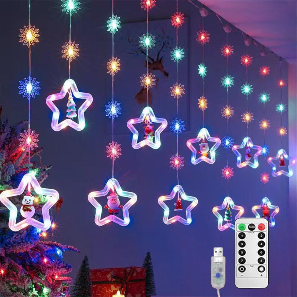 HADAVAKA Christmas Window Led Lights, Curtain Fairy Lights, with Remote Control, USB Powered, 8 Lighting Modes, Suitable for Xmas Party Bedroom Window Wall Decoration (Colour,Star+Snow)