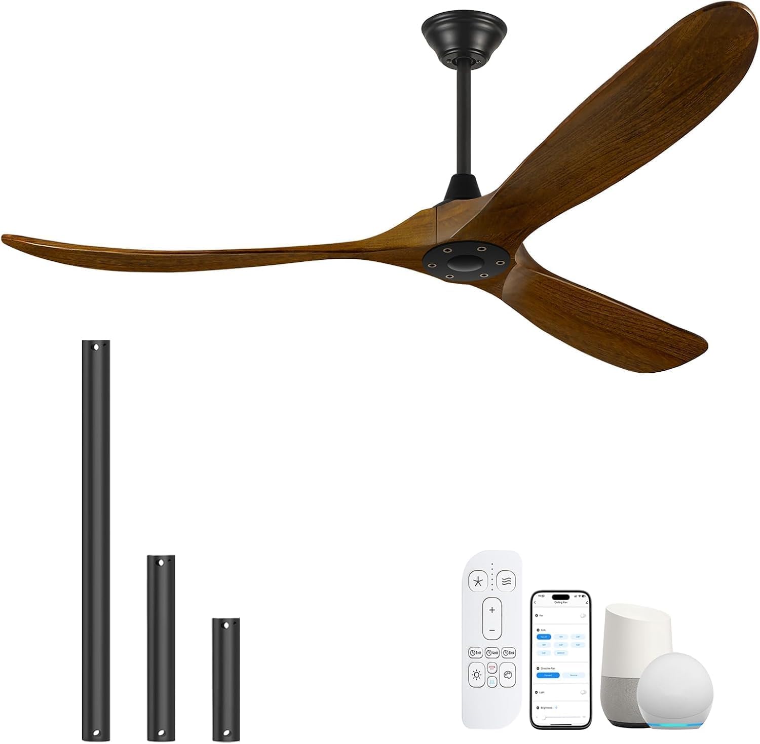 Sukerxius 70 Inch Wood Ceiling Fans No Light, Large Outdoor Ceiling Fan without Light 3 Blades Propeller, Modern Smart Fan with Remote/App Control,
