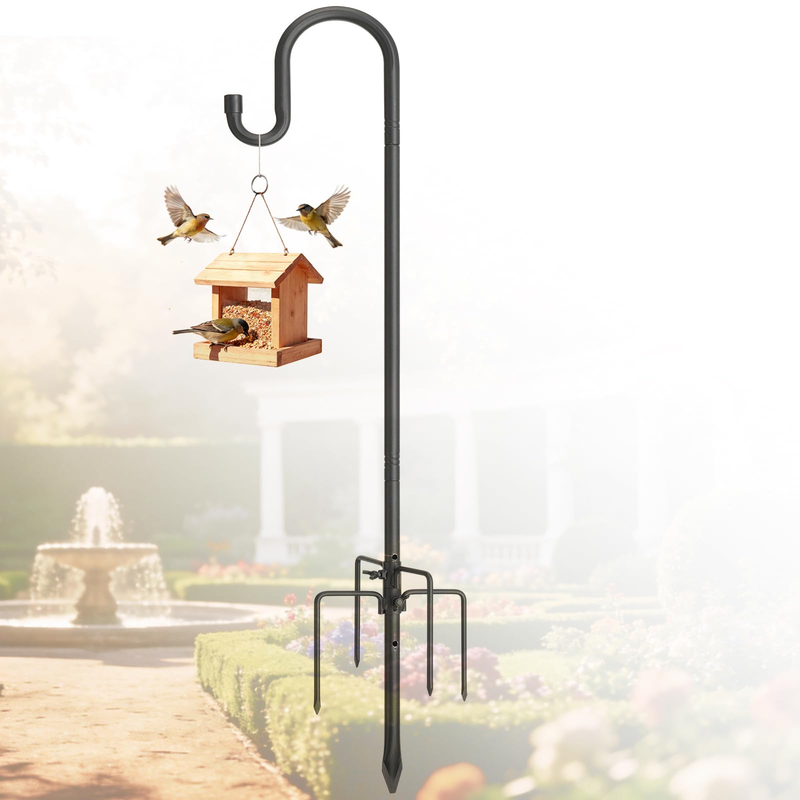 Harrms Bird Feeder Pole, 20mm Extra Thick Shepherds Hooks Heavy Duty, Adjustable 5-Prong Garden Bird Feeding Station, Outdoor Hanging Hook for Lantern, Planters, Wind Chimes, Wedding, Black, 273cm