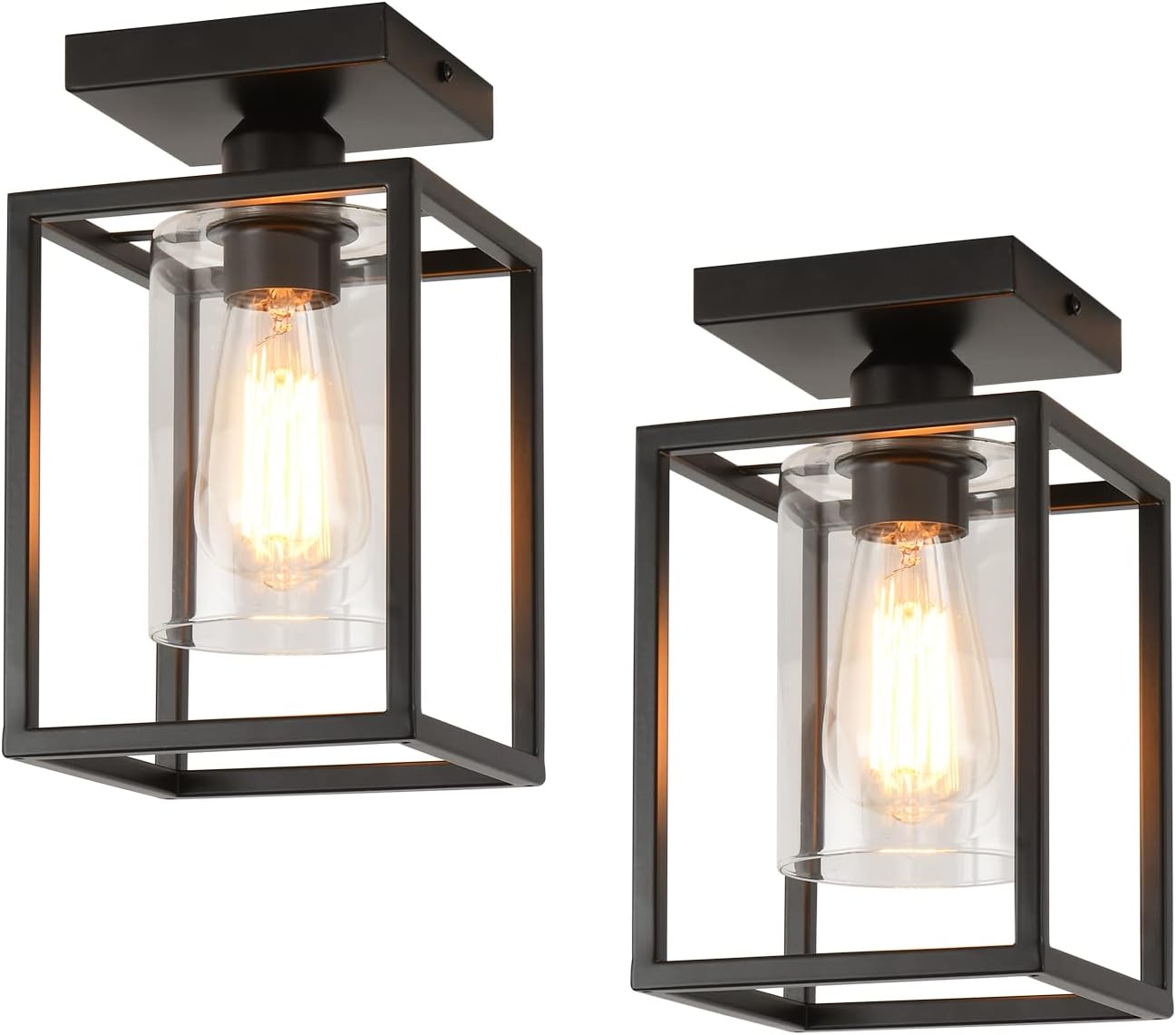 2 Pack Semi Flush Mount Ceiling Light, Black Metal Frame with Clear Glass Shade, Farmhouse Light Fixture for Kitchen, Island, Entryway, Porch, Foyer, Dining Room