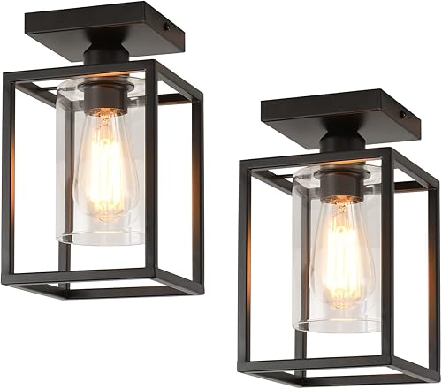 Paquete de 2 lámparas de techo semiempotradas, marco de metal negro con pantalla de vidrio transparente, lámpara de granja para cocina, isla,