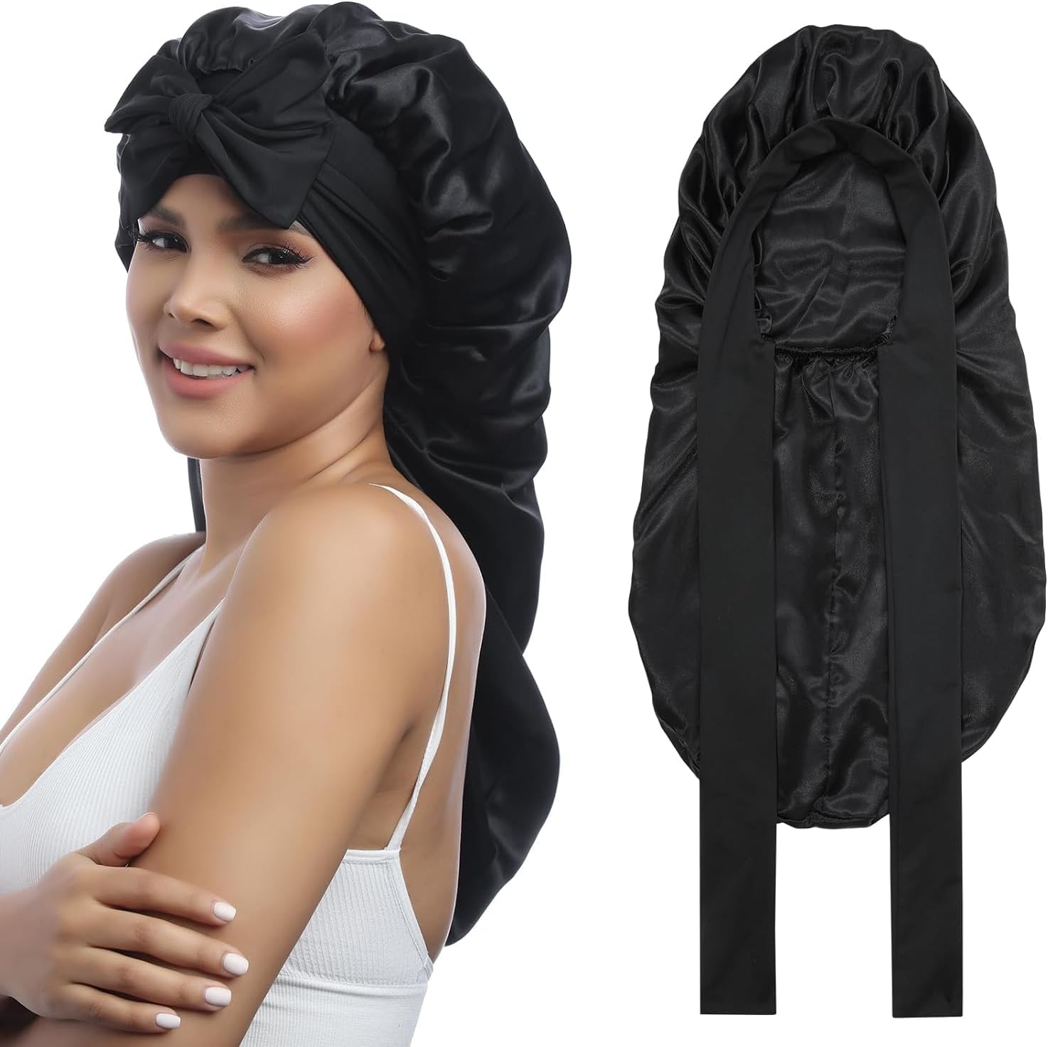 Lonimia Long Satin Bonnet for Women,Double Layer Elastic Silk Bonnet for Braids Hair Sleeping Cap with Tie Band,Long Braids Bonnets Cover Cap Headwraps Satin Shower Cap Black