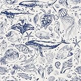 Livelynine Navy Blue Coastal Wallpaper Peel and Stick Dark Blue White Ocean Fish Wall Paper Self Adhesive Beach Contact Paper Removable Shark Whale Jellyfish Octopus Sea Shell Reef Vinyl 17.5x78.8'