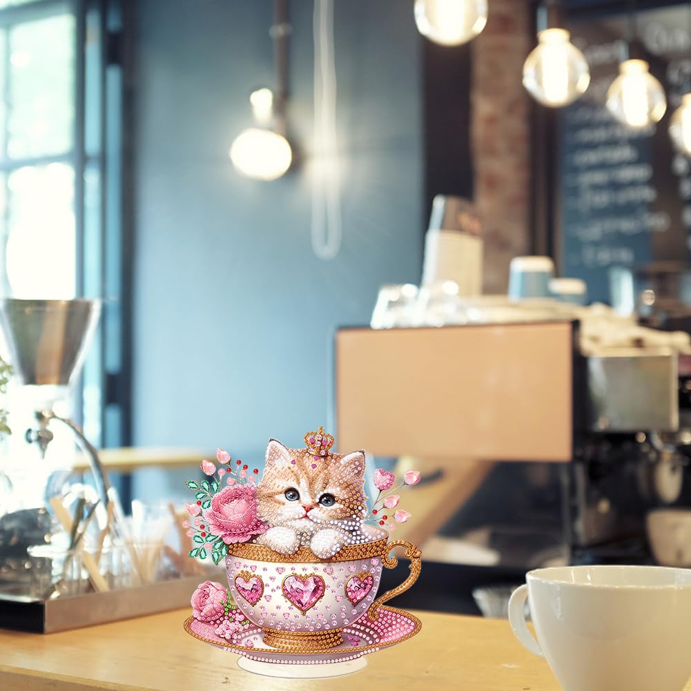 5D Diamond Painting Teetasse Mit Katze - DIY Tischdekoration