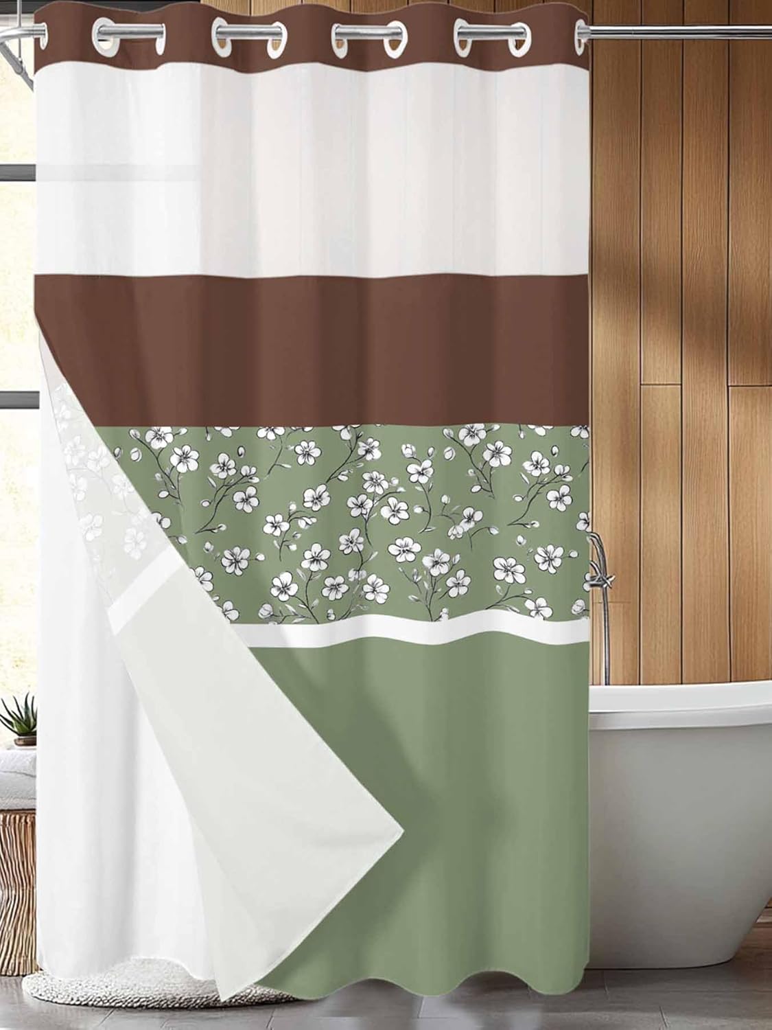 No Hook Shower Curtain, Sage Green Brown Flowers Stall Bathroom Curtains with Snap in Liner, Classic Botanical Art Elegant Waterproof Washable Fabric Shower Curtain Set, 54" x 78"