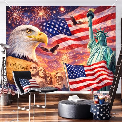 Image of BlissYard 4th of July Backdrop Independence Day Patriotic Decorations American Flag Bald Eagle Statue of Liberty 8x6ft Veterans Day Memorial Day Patriotic Party Banner Photo Booth Background