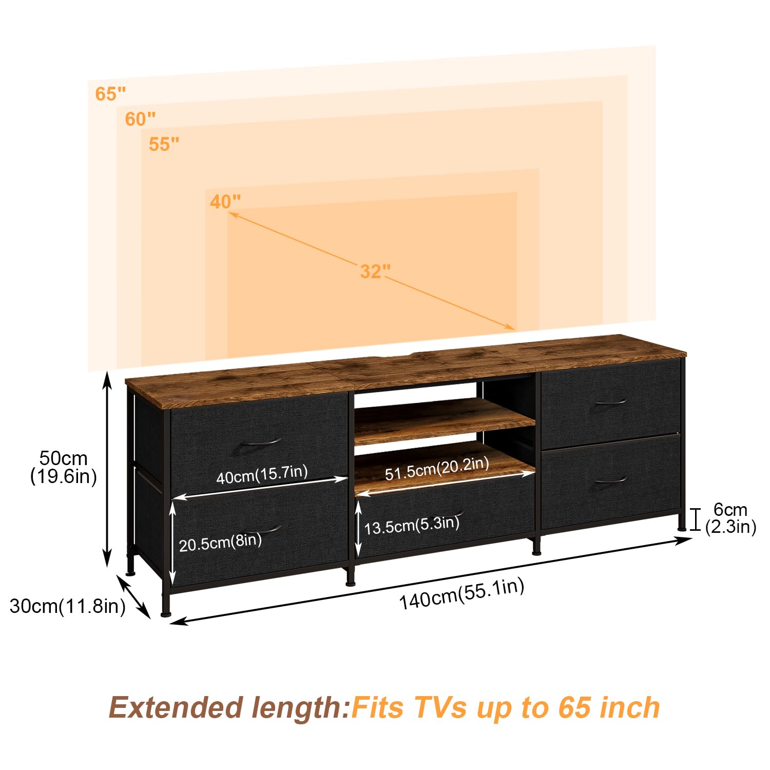 Mobile TV per TV fino a 65", Tavolino TV con 5 Cassetti in Tessuto e 2 Ripiani, Consolle TV in Legno a 3 Livelli, Mobili per Soggiorno con Ampio Spazio di Archiviazione (Nero)