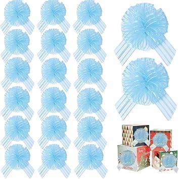 20 Pieces Large Organza Pull Bows Gifts Wrapping Bows for Christmas Easter Gift Baskets, Wedding Party Decor, 6 Inches DiameterLight Blue