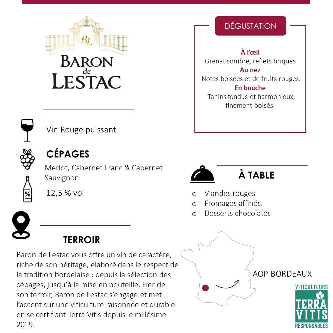 Baron de Lestac - AOP Bordeaux - Vin Rouge - Terra Vitis - Lot de 6 bouteilles x 75cl