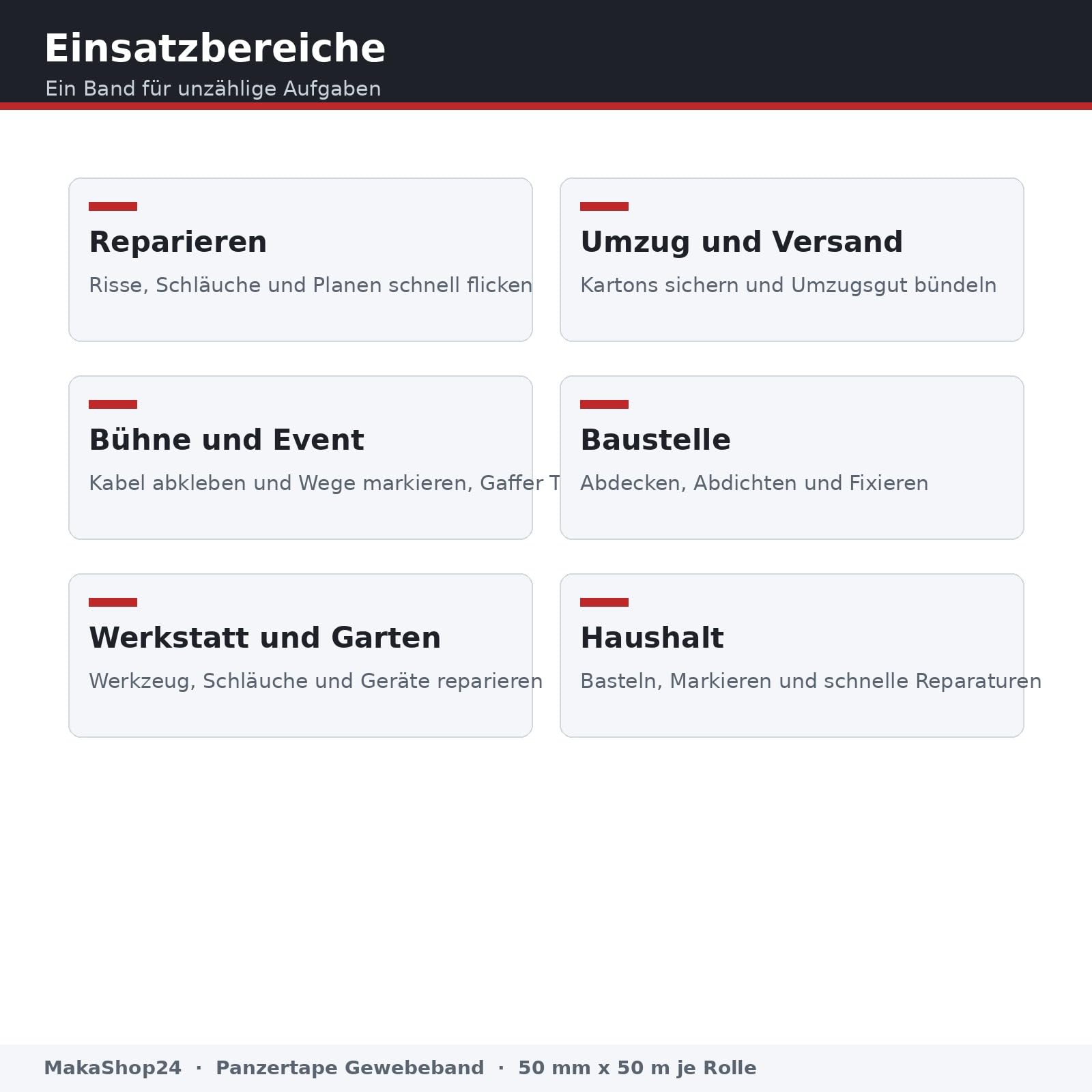 Panzertape Rot, 24 Rollen je 50 mm x 50 m, extra starkes Gewebeband, reißfest und wasserabweisend, von Hand einreißbar, Reparaturband Duct Tape Gaffa