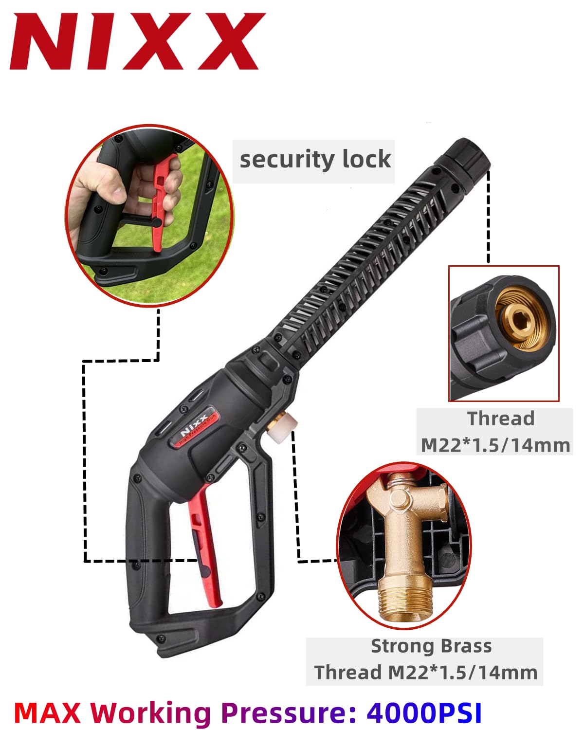 Powerful Nixx Pressure Washer Gun with Curved Angled Lance, Extension Wand, Sprayer Nozzle Tips, Quick Connect Kit - 4000PSI, M22 14mm Fitting, Adapter Set - Replacement Included
