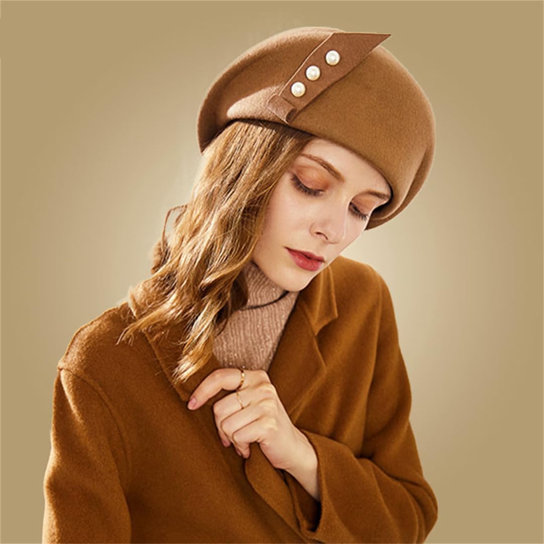 Bciopll Women Winter Wool Felt Fedora Hat for Wedding Fascinators Pearls Berets Caps Pillbox Hat Black Wool Fedora M (53-57cm)
