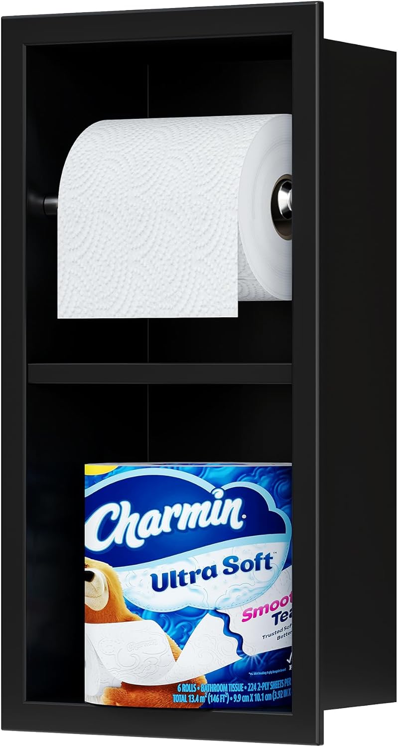 Recessed Toilet Paper Holder, 304 Stainless Steel Bathroom Toilet Paper Holder with Storage, in Wall Tissue Toilet Roll Holder, Matte Black