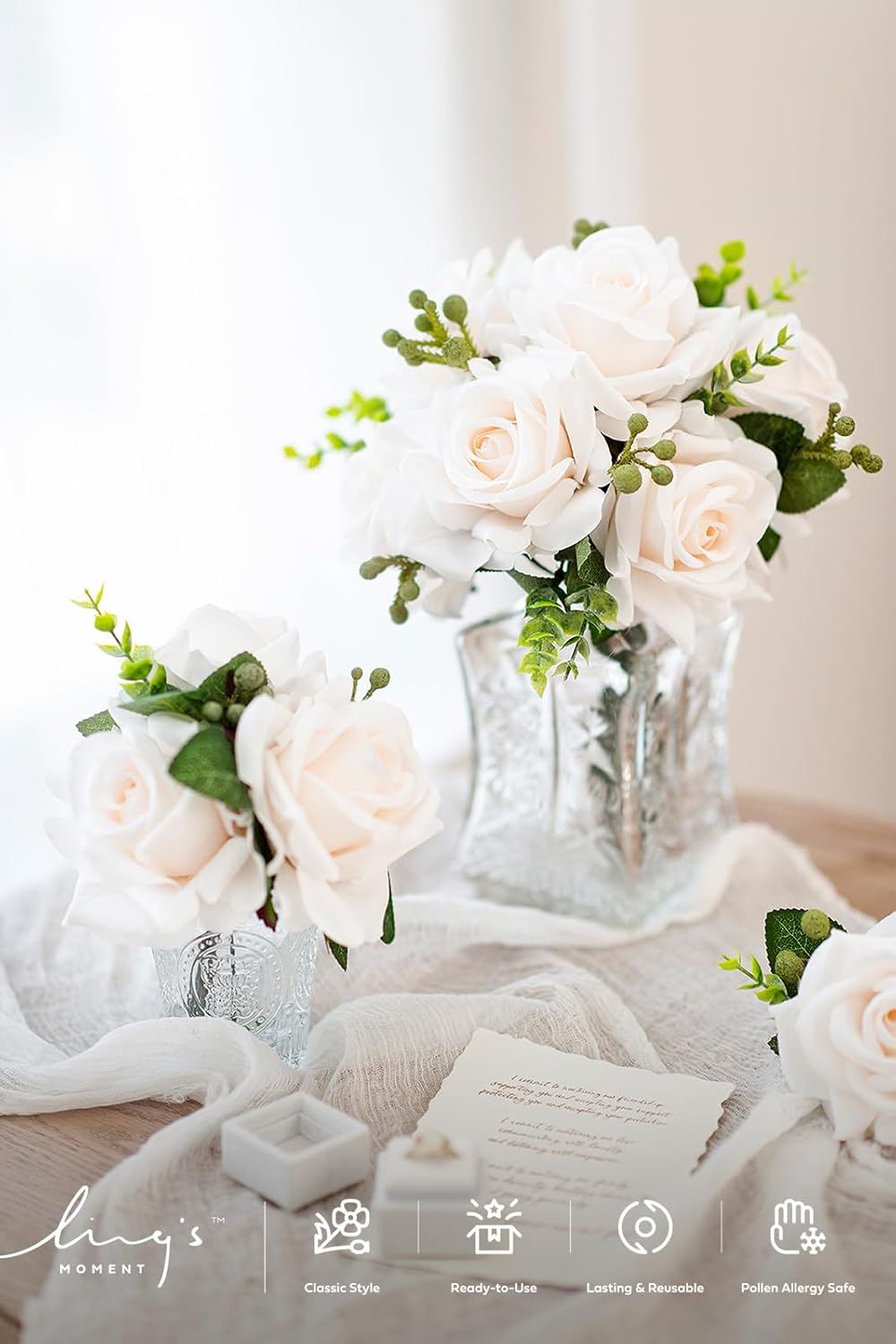 Ling's moment Artificial Flowers 16pcs Cream Silk Roses with Stems, 3.5" Fake Vendela Roses Bulk for DIY Wedding Bouquets Centerpieces Party Baby Shower Home Decoration - Image 2