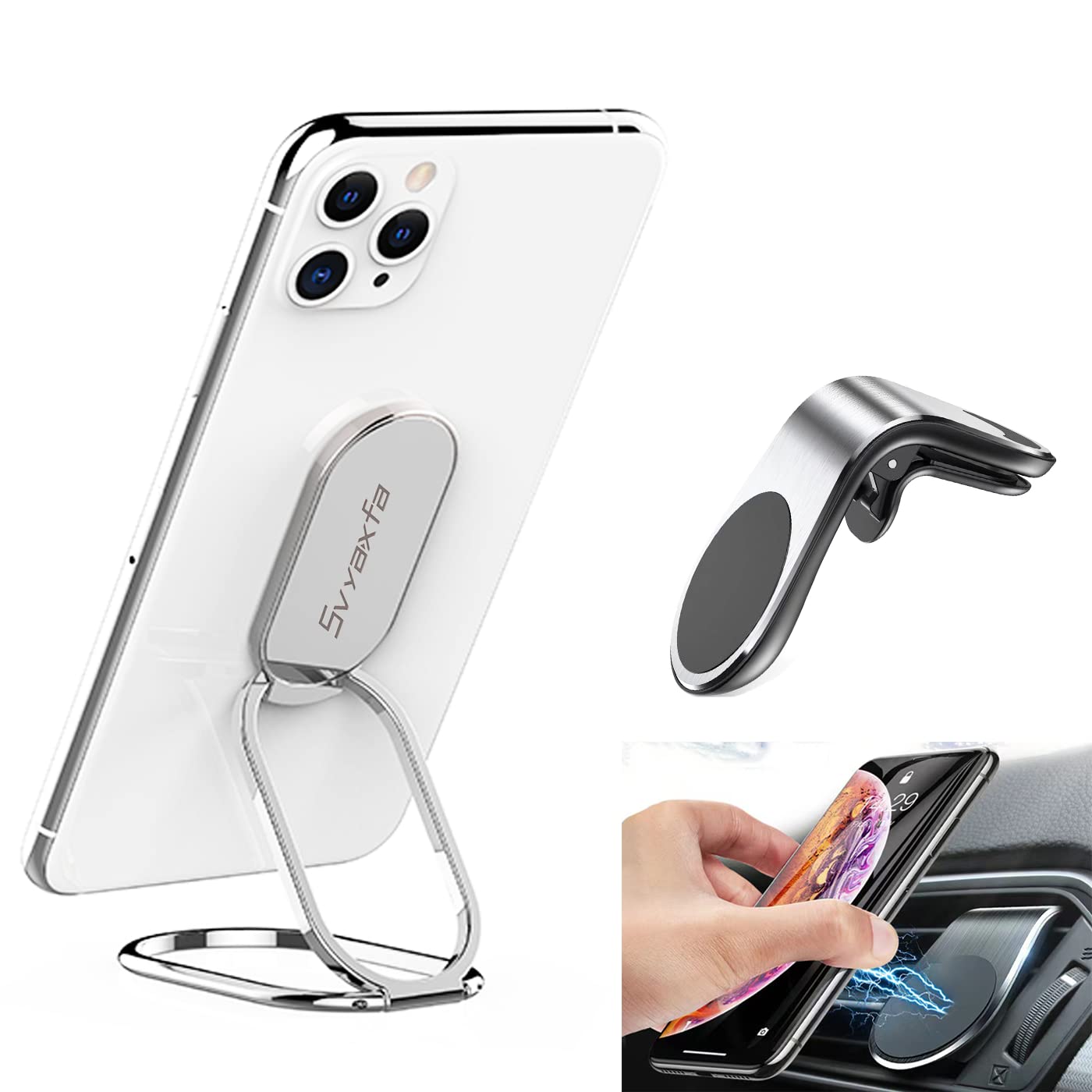 Phone Ring Holder Cell Phone Holder Finger Ring Foldable Cell Phone Stand with Magnetic Phone Car Mount Holder for Car Air Vent Magnetic Mount car Phone Holder for iPhone 13 iPad Smartphones (Silver)