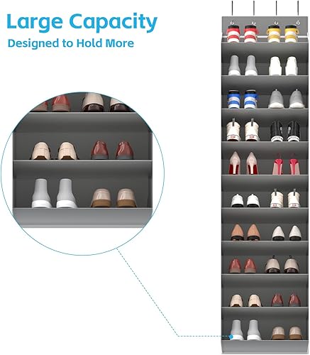 Miniatura 5 de REGELETO Organizador de zapatos de gran tamaño de 10 niveles para colocar sobre la puerta, zapatero colgante para puerta con bolsillos profundos, se