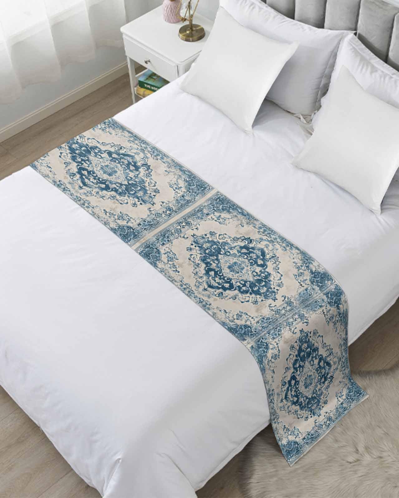 Blue Boho Bed Runner for King Size, Retro Southwestern Ethnic Geometric Bedspread Protector Slipcover Bed Scarf for Foot Runners & Scarves for Bedroom Hotel Wedding Room 102x20 Inches