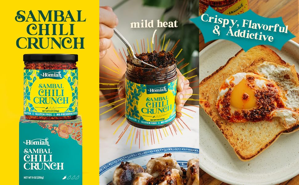Miniatura 5 de Homiah Sambal Chili Crunch, tarro grande de 9 onzas, menos aceite, bajo en sodio, sin gluten, vegano, pasta de chile Sambal Oelek, cobertura