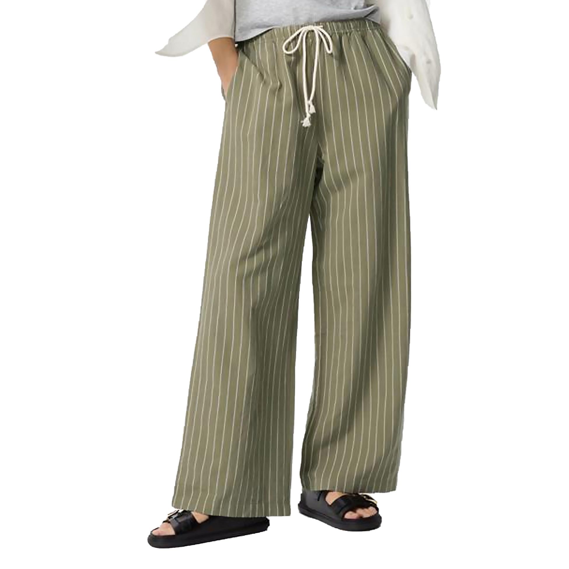 Women Striped Pants High Waisted Wide Leg Cotton Linen Drawstring Elastic Waist Lounge Casual Loose Straight Trousers