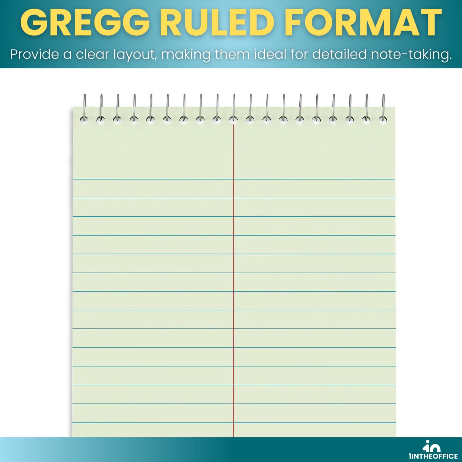 1InTheOffice Steno Pads 6x9, Steno Pads, Spiral Steno Pads, Gregg Rule, Green Tint, 6 x 9, 80 Sheets, 12 Pack - Image 3