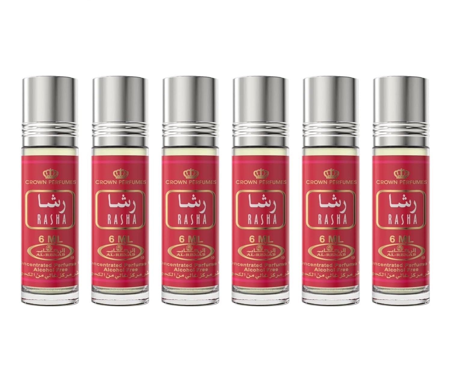 Lote de 6 almizcle Perfume RASHA Al Rehab 6 ml con notas frescas florales vainillas leñosas sin alcohol – Aceite aromático oriental para mujer y hombre
