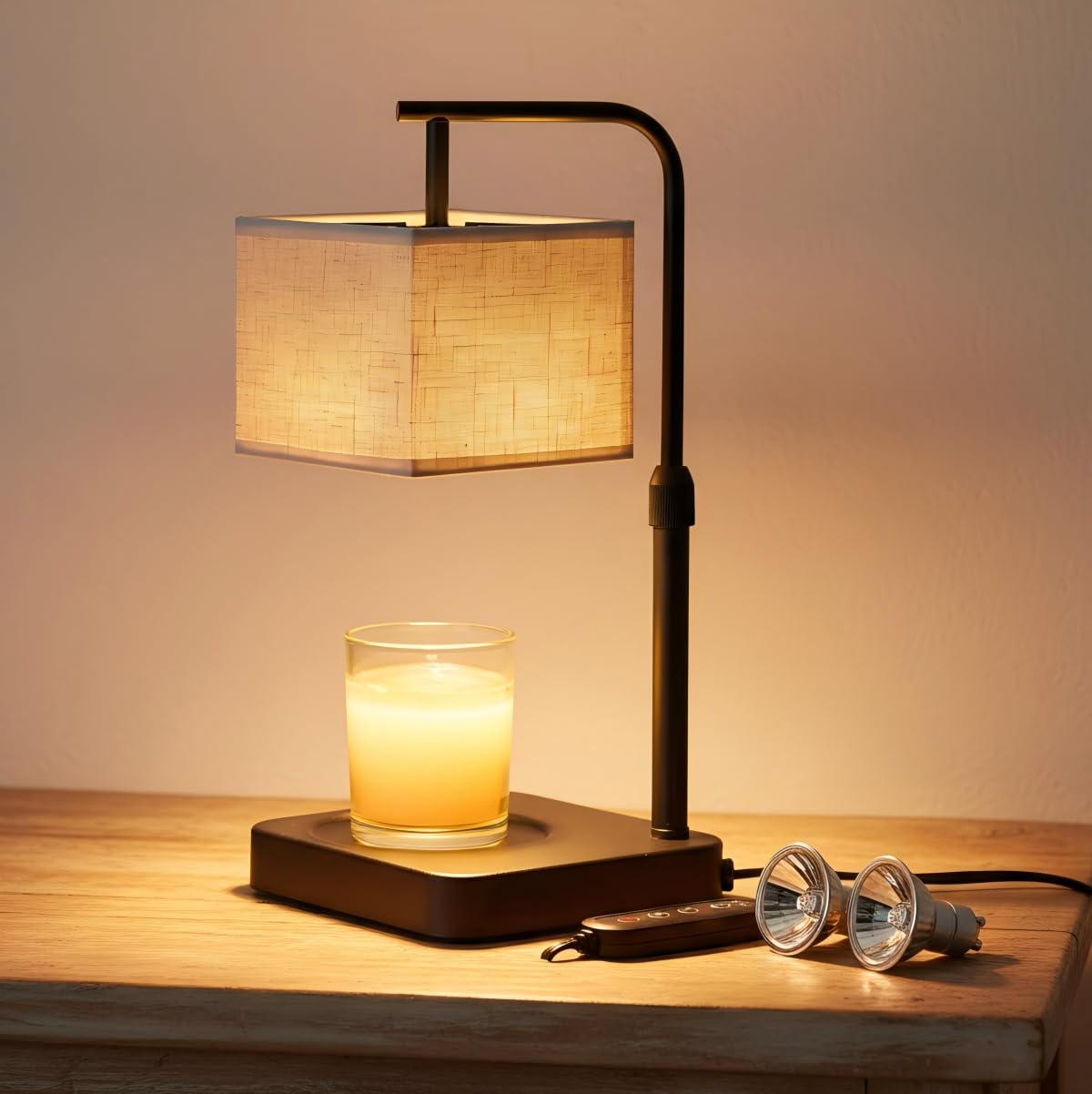 Candle Warmer Lamp with Timer Dimmable,Wax Warmer Lamp with Square Fabric Linen Shade,Height Adjustable Candle Warmer with 2 Bulbs,Gifts for Women Mom