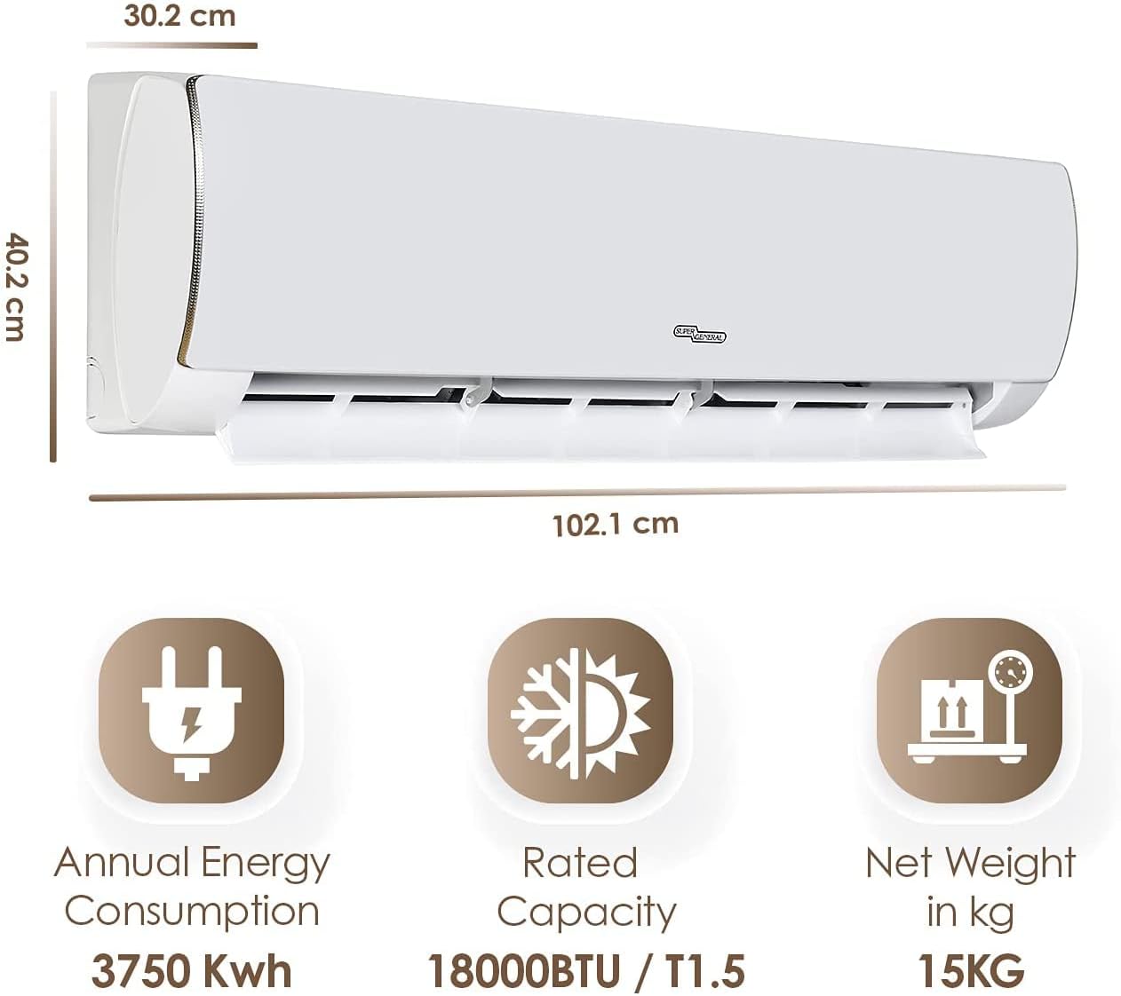 Diagram showing dimensions and energy consumption of the air conditioner