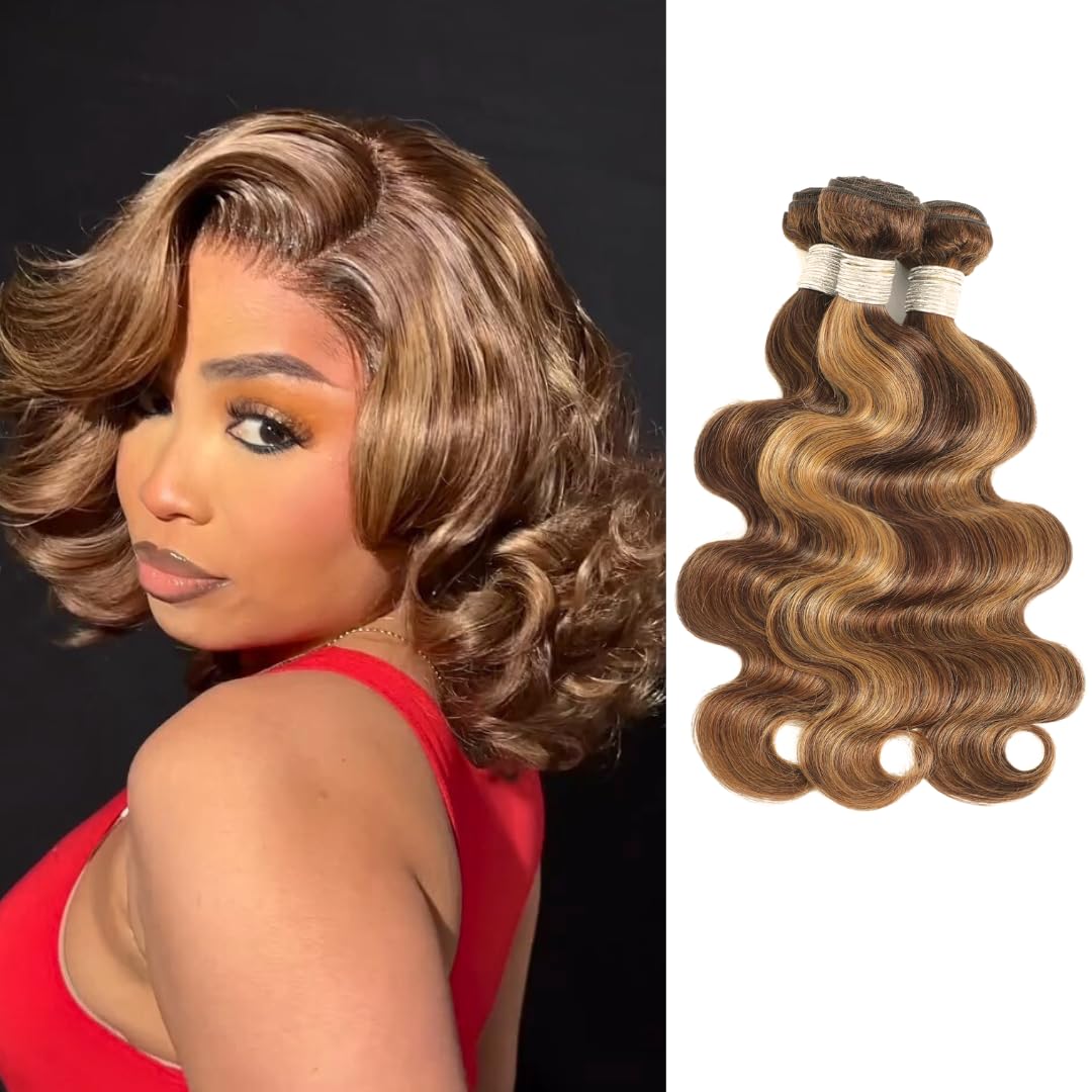 ALHER Body Wave Ombre Human Hair Bundles Honey Blonde Highlight Brown Colored Bundles 12A 100% Brazilian Virgin Remy Human Hair Soft Thick Wavy Weave