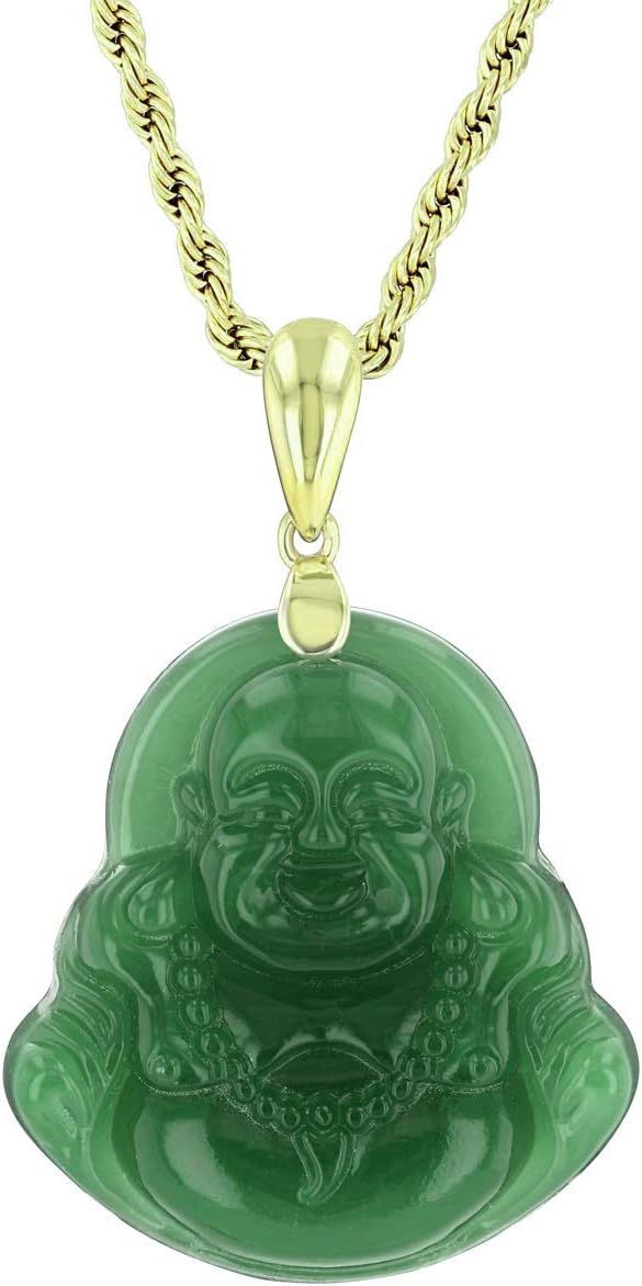 Laughing Buddha Green Jade Pendant Necklace – Certified Grade A Jadeite, Handcrafted Buddhist Medallion, 14k Gold Stainless Steel with Rope Chain