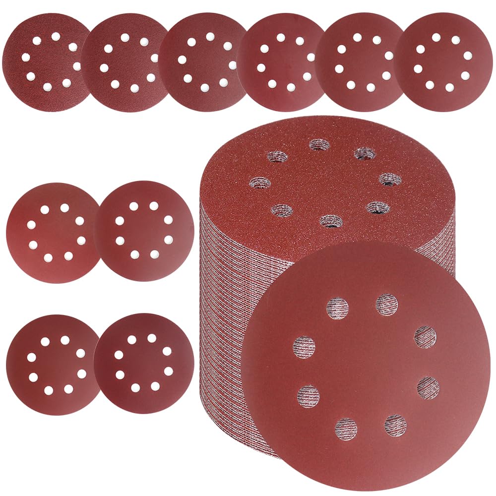 Tibaebe 50 PCS 5 Inch 8 Hole Sanding Discs, Adhesive Hook and Loop Sandpaper for Random Orbital Sander, 60 80 120 180 220 320 Grit Sand Paper,