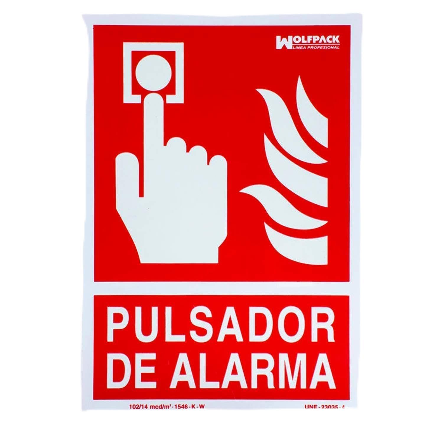WOLFPACK LINEA PROFESIONAL - Cartel / Señal Fluorescente Pulsador Alarma 30x21 cm.