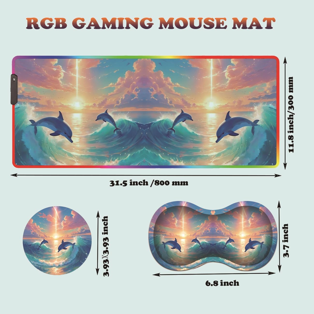 RGB Large Gaming LED Light Edge Mouse Pad + Wrist Rest + Coaster, Non-Slip Extended Waterproof Desk Mat with Stitched Edges 31.5"x11.8" for Work and Gaming, Dolphins in The Moonlight