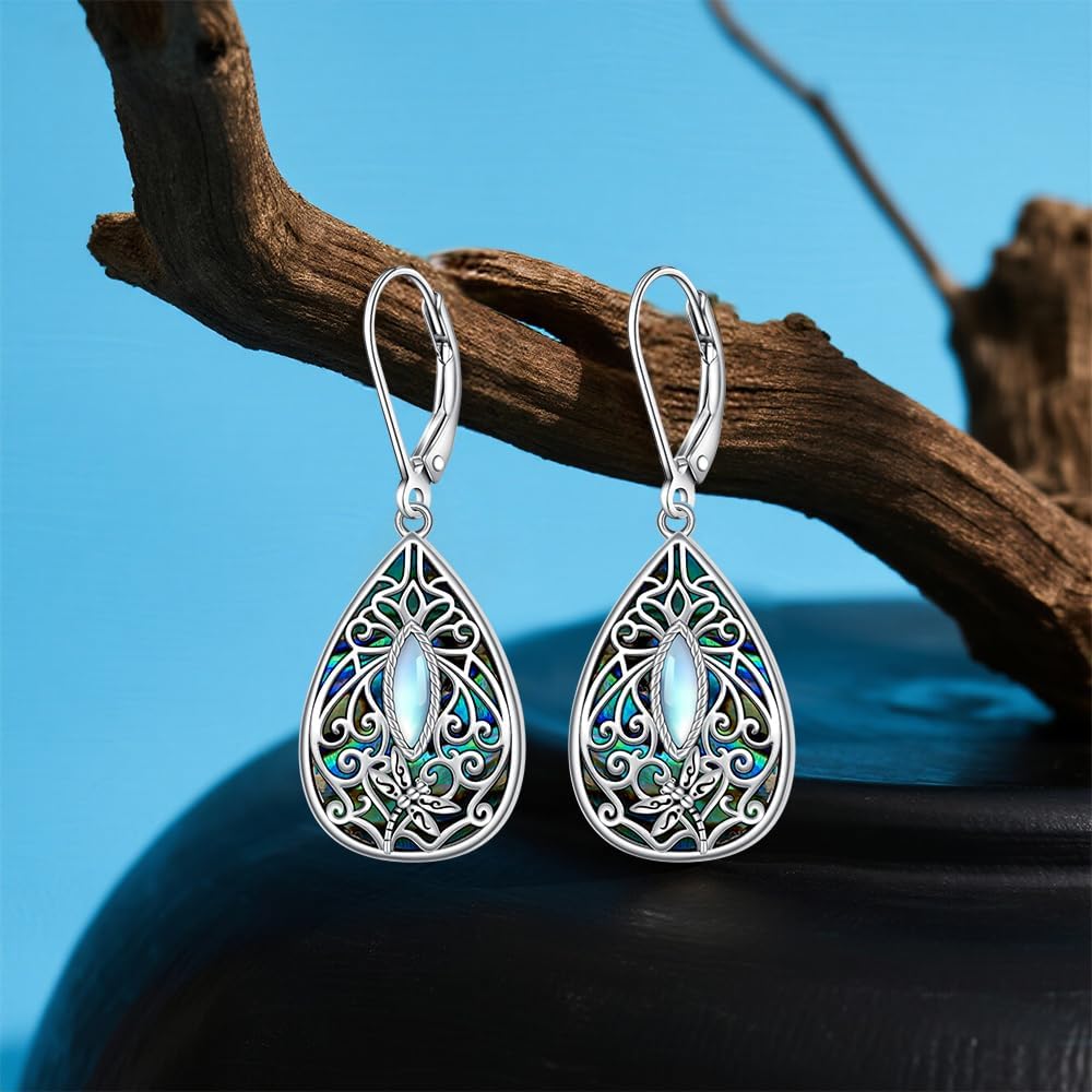 Moonstone Dragonfly Filigree Earrings for Women Sterling Silver Abalone Dragonfly Earrings Teardrop Leverback Dangle Drop Jewelry Gifts - Image 7