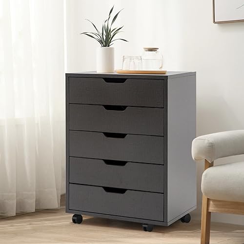 Miniatura 9 de Zanzio Archivador móvil para oficina en casa con 5 cajones delgados, pequeño gabinete vertical comercial con ruedas, archivador rodante para