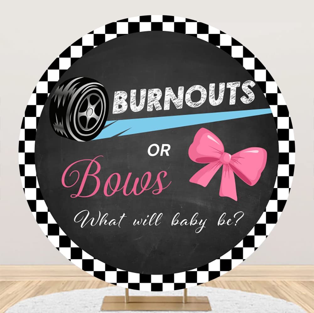 Leyiyi 7.2x7.2ft Burnouts or Bows Round Backdrop Cover Pink or Blue What Will Baby Be Photography Background He or She Baby Shower Party Banner