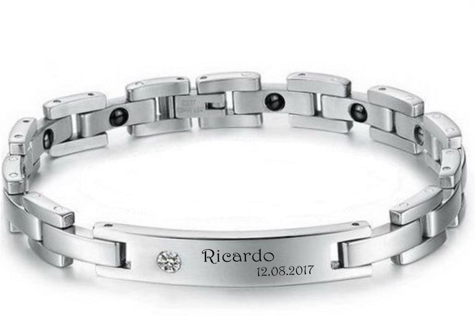 ID Edelstahl Magnetisches Armband + Gravur nach Wunsch mit Strass auch als Partnerarmbänder mit Box