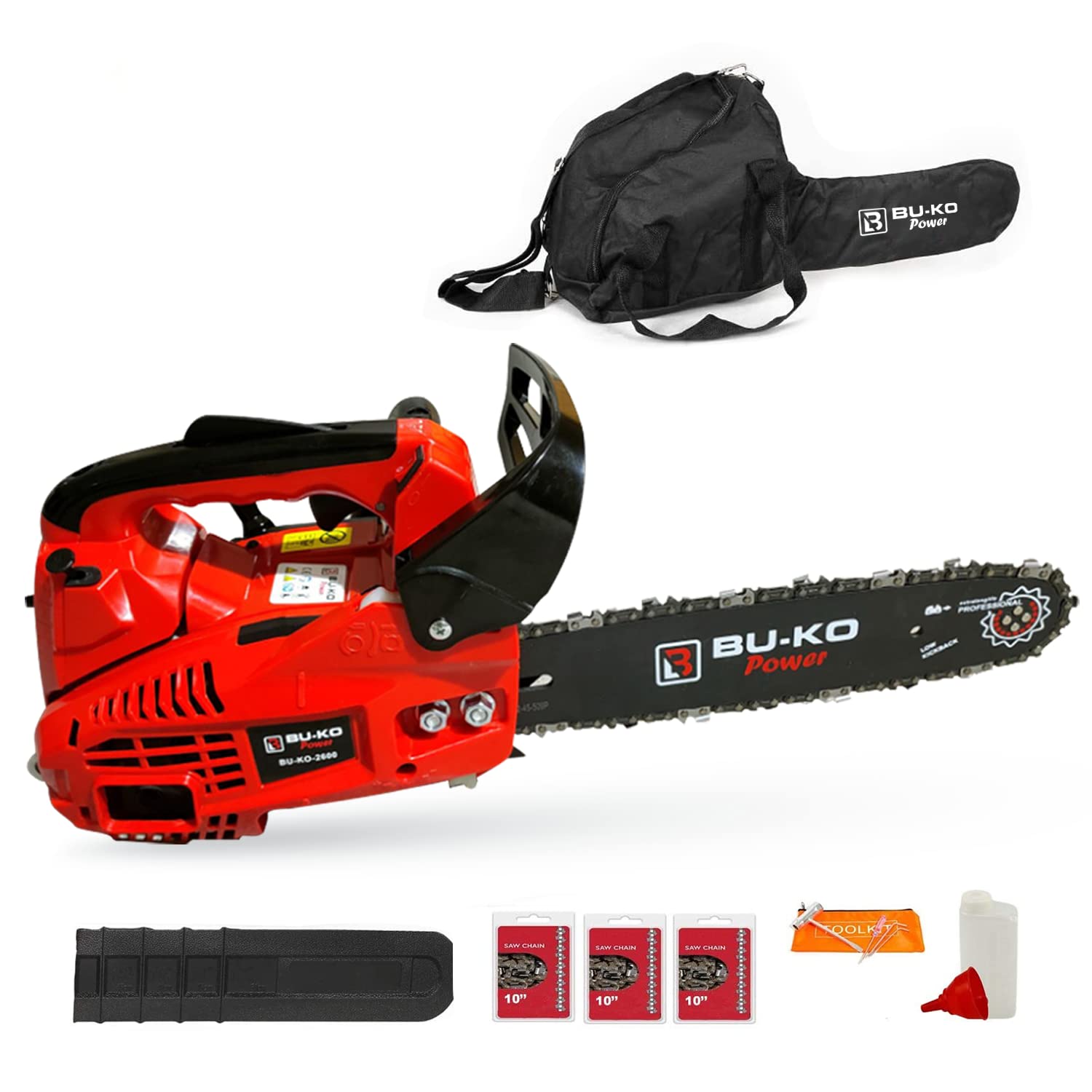 BU-KO 26 cc Lightweight 3.5kg - Top Handled Petrol Chainsaw | 3 Chains and 10" Bar Included | Cover Bag and Full Safety Gear …