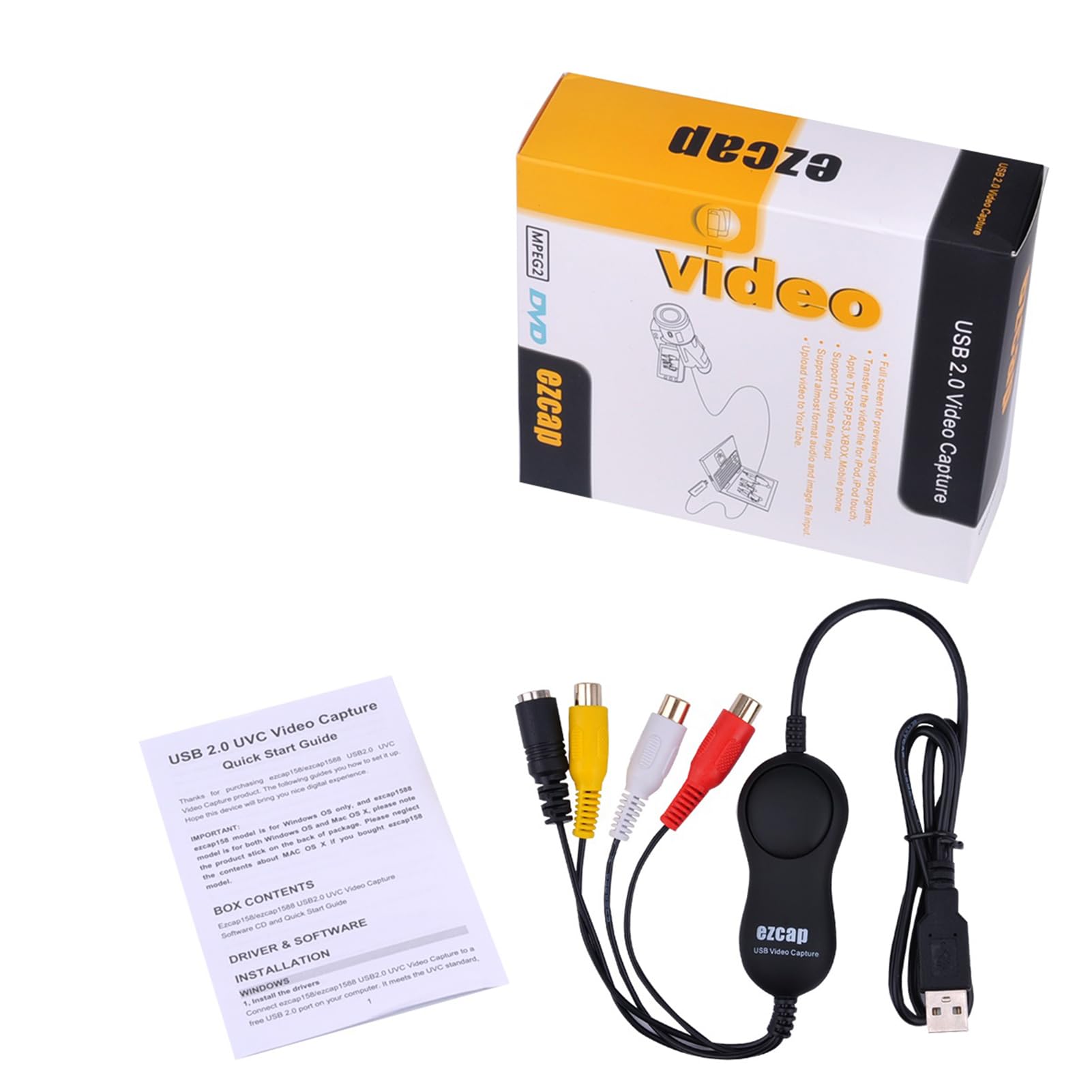 Docooler Tarjeta de grabación de vídeo USB 2.0 UVC, convertidor de VHS a digital, caja de grabación de vídeo compatible con entrada CVBS y S-Video, convierte VHS/DVD, VCR, videocámara, reproductor de