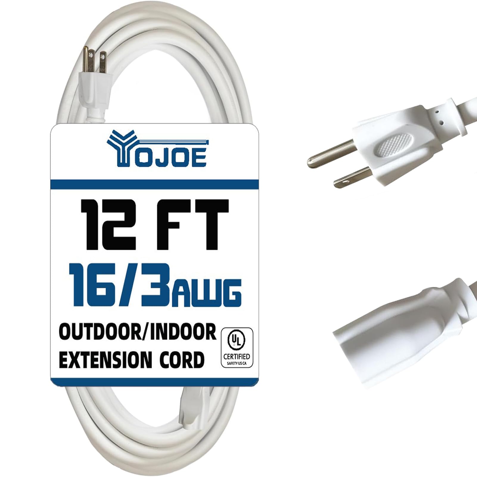 YOJOE Indoor Outdoor Extension Cord, 3 Prong 13A Weatherproof Power Cord, 16 Gauge Heavy Duty 12 ft White Extension Cord for Garage, Garden and Home,