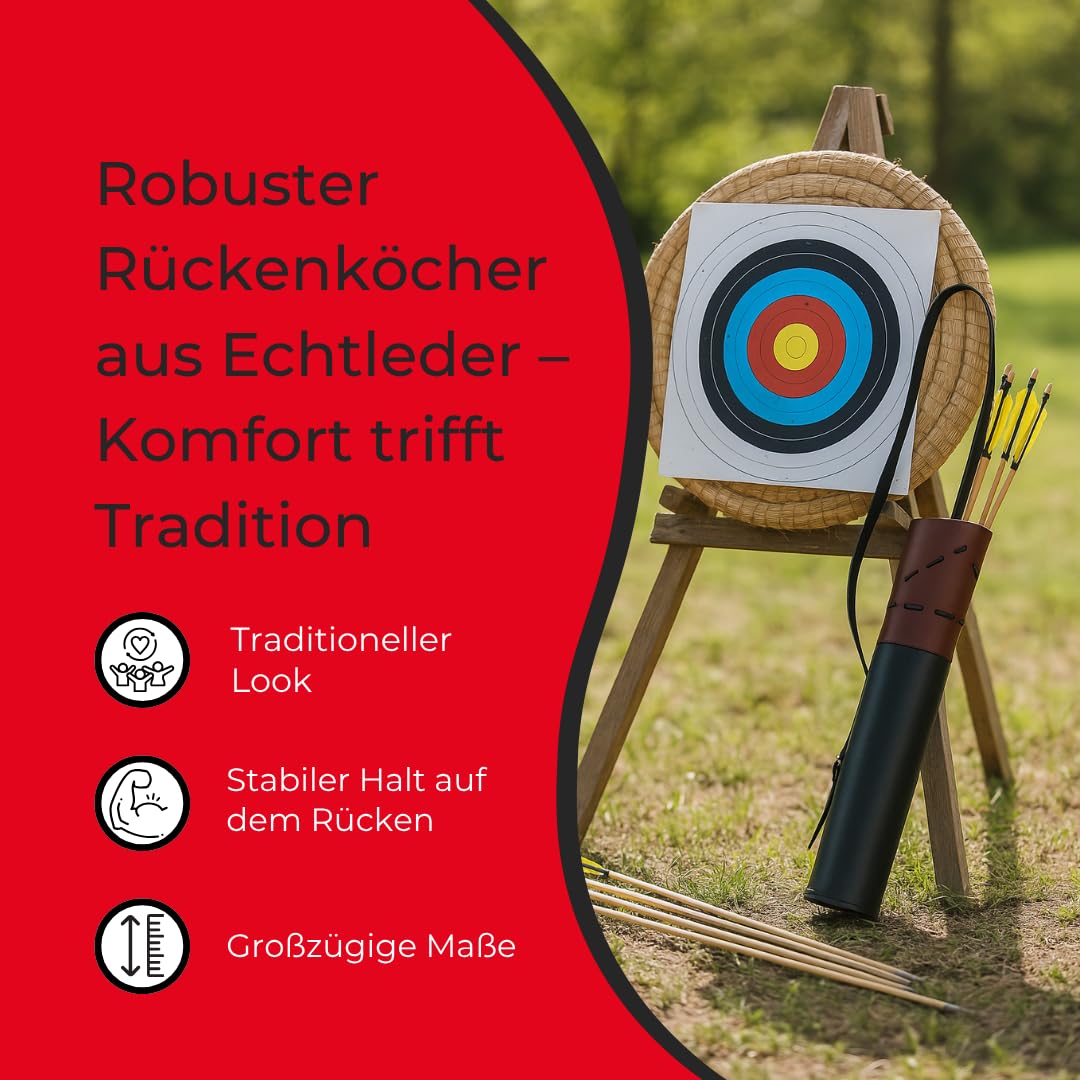 elToro Rückenköcher aus schwarzem Echtleder mit Musterstickung | verstellbarem Dreipunkt-Tragegurt, 50 cm lang, Öffnung 14 cm, Köcher für Pfeile, Bogenschießen, Recurve- und Langbogen