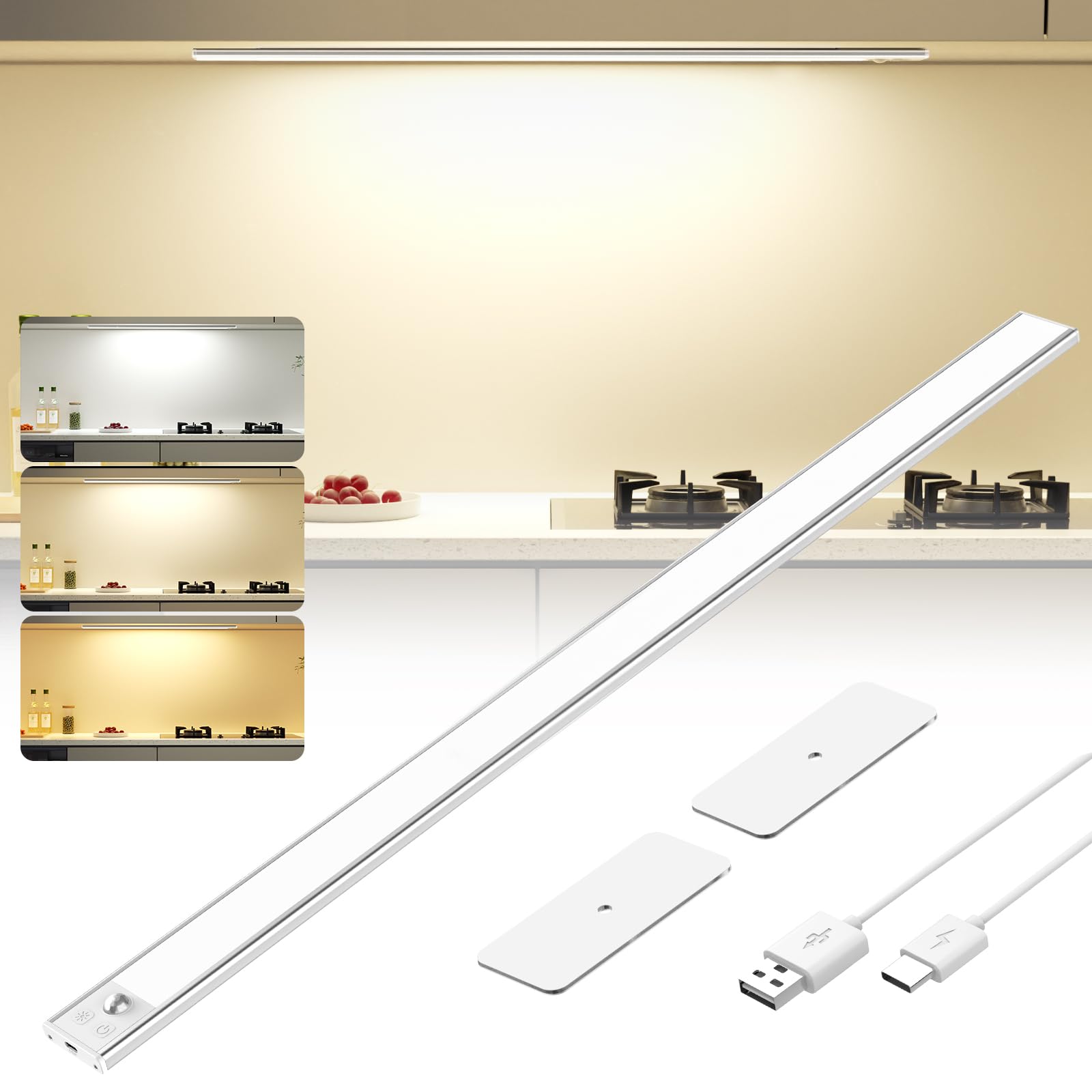 OUILA Schrankbeleuchtung LED mit Bewegungsmelder 41CM Unterbauleuchte Küche LED USB-C wiederaufladbar LED-Licht Dimmbar kabellos Nachtlicht für Küche Kleiderschrank Schrank