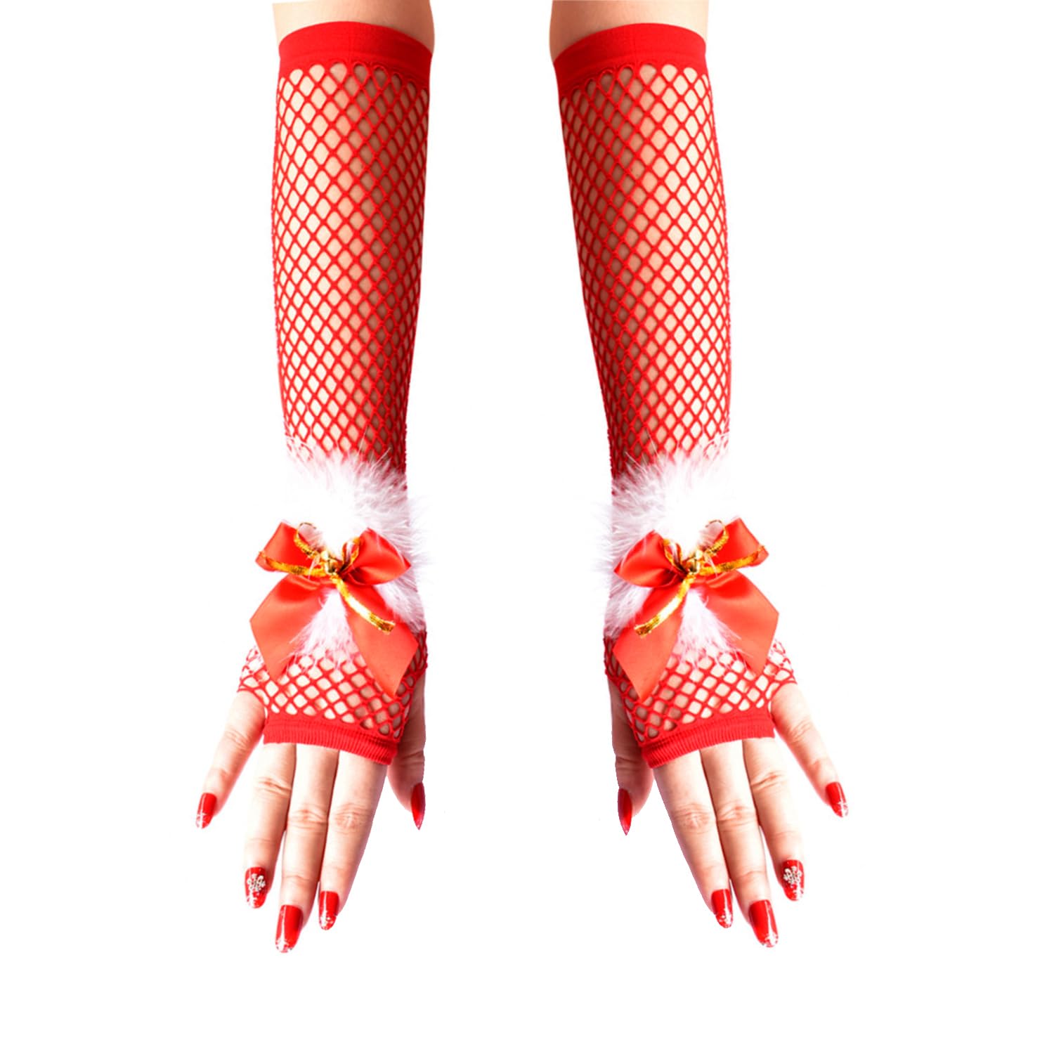 HIXNUG Christmas Fishnet Gloves Women Girls Red Long Fishnet Gloves Sexy Santa Fingerless Fishnet Gloves with Bells Bows Christmas Sexy Fancy Dress Accessories