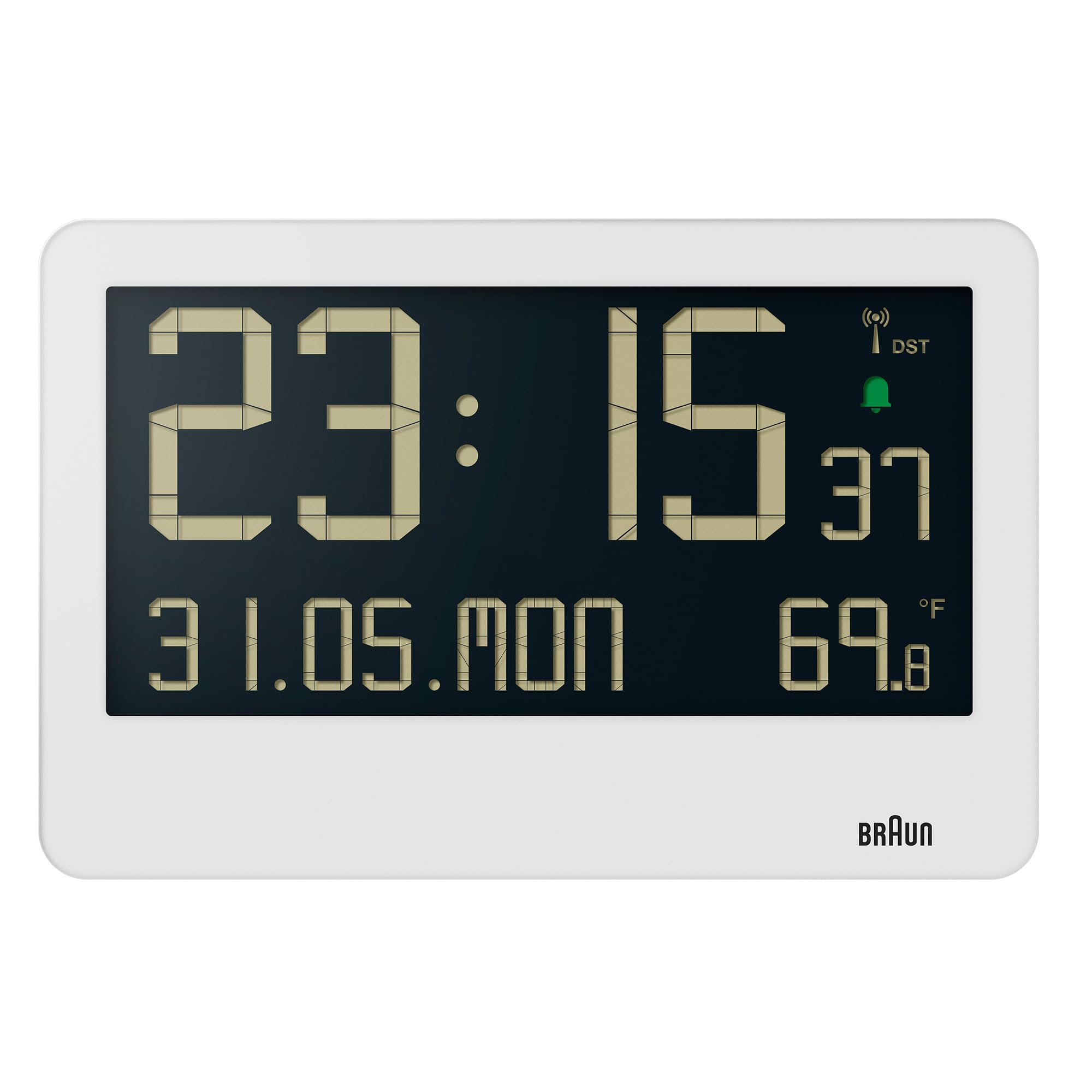 Braun Orologio da parete digitale temperatura interna, data, giorno della settimana, ampio display LCD inverso, impostazione rapida, allarme acustico in bianco, modello BC14W.