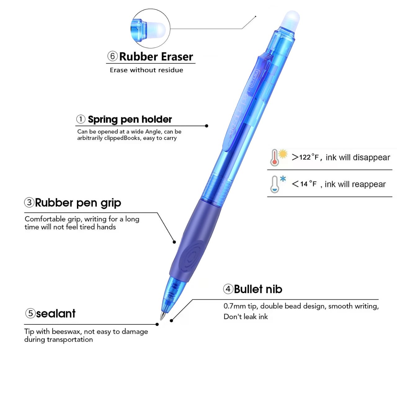 Aozora Bolígrafos borrables de punta fina de 0,7 mm, retráctiles, borrables, para completar sudoku y crucigramas, paquete de 12 unidades (azul)