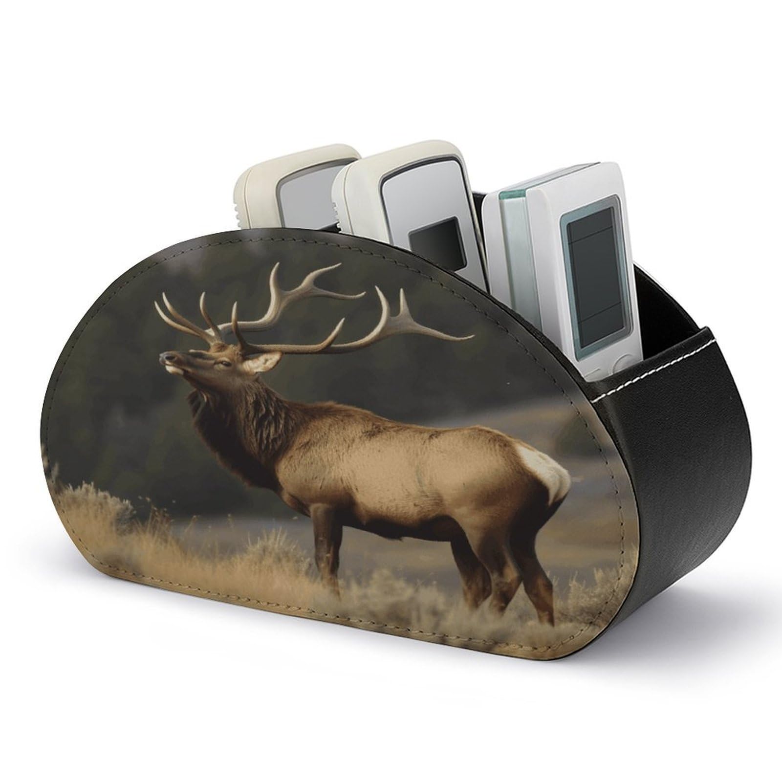 VstaDank Bull Elk Remote Control Holder with 5 Compartments PU Leather Remote Caddy Desktop Organizer Store TV Remote Control Storage Box for Home Office Desk Nightstand