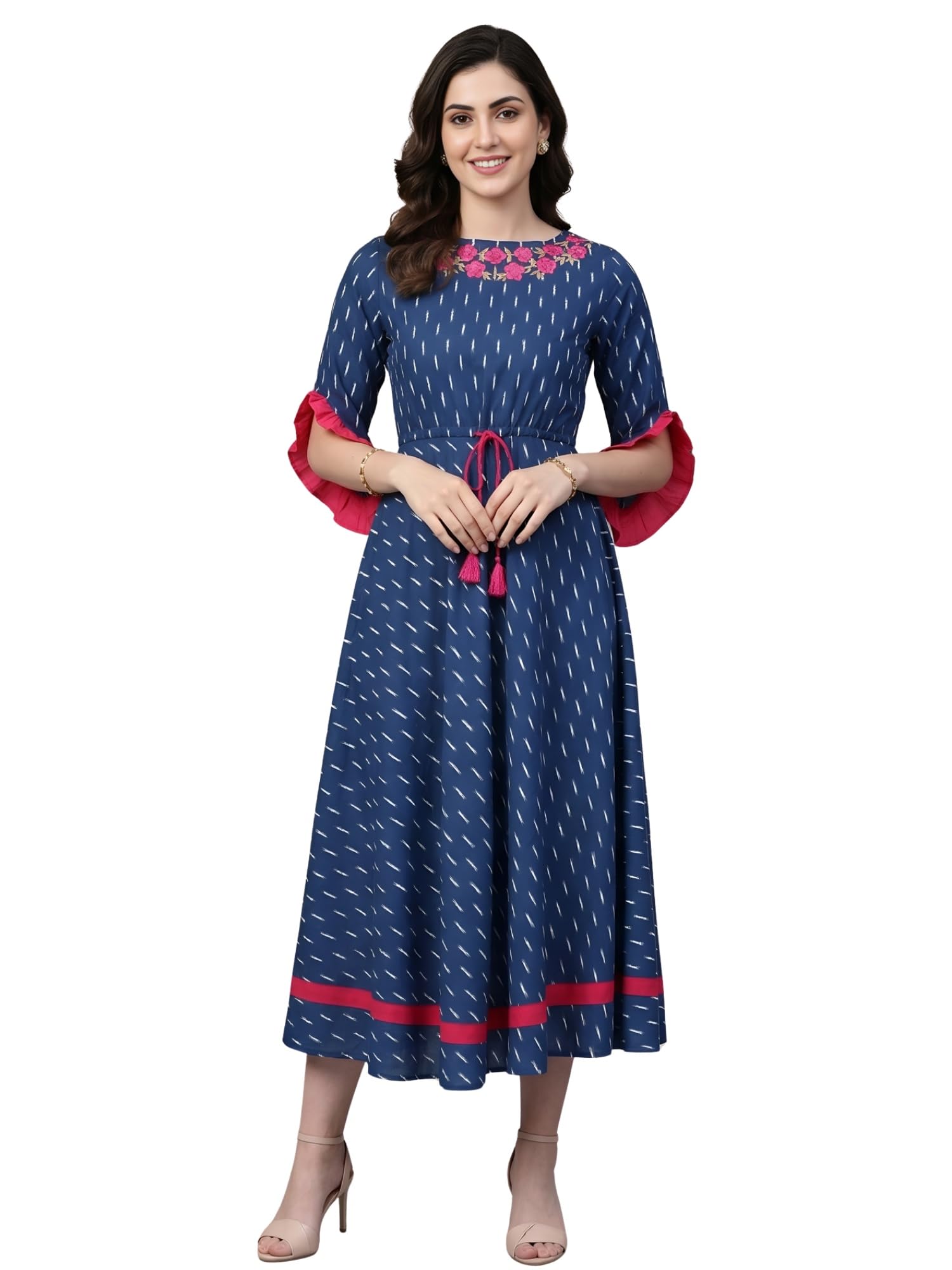 Women's Fit And Flare Calf Length Cotton Ikat Printed Flared Dress-image-25