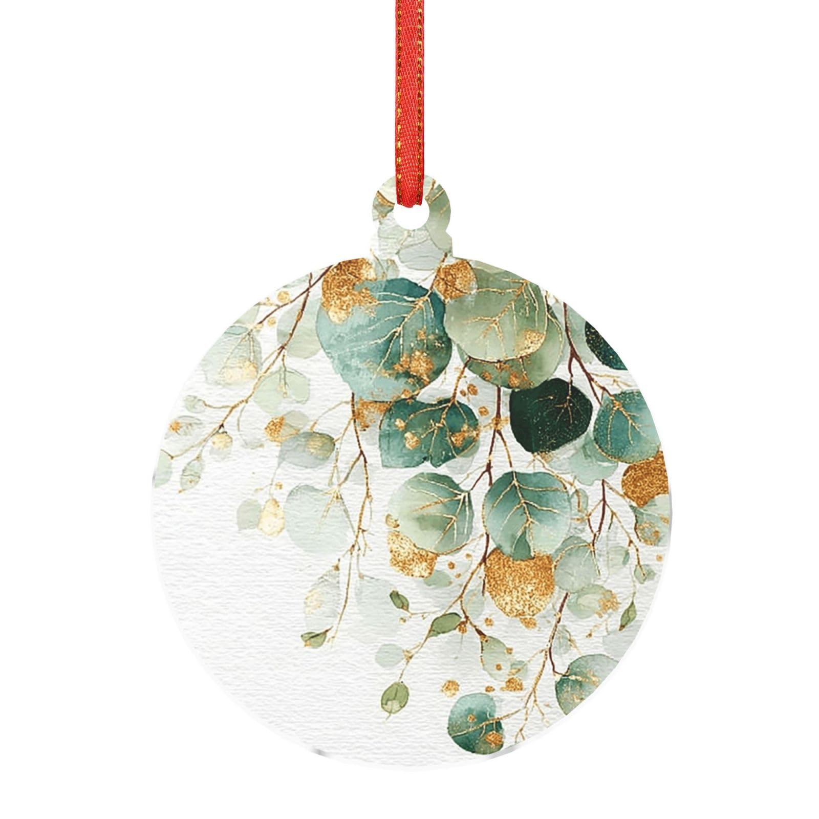 Acrylic Ornament Christmas Tree Decoration Clear Round Pendant with Red Ribbon Gold and Green Leaves Christmas Ornaments Indoor Outdoor Hanging Acrylic Pendants for Xmas Party Decor